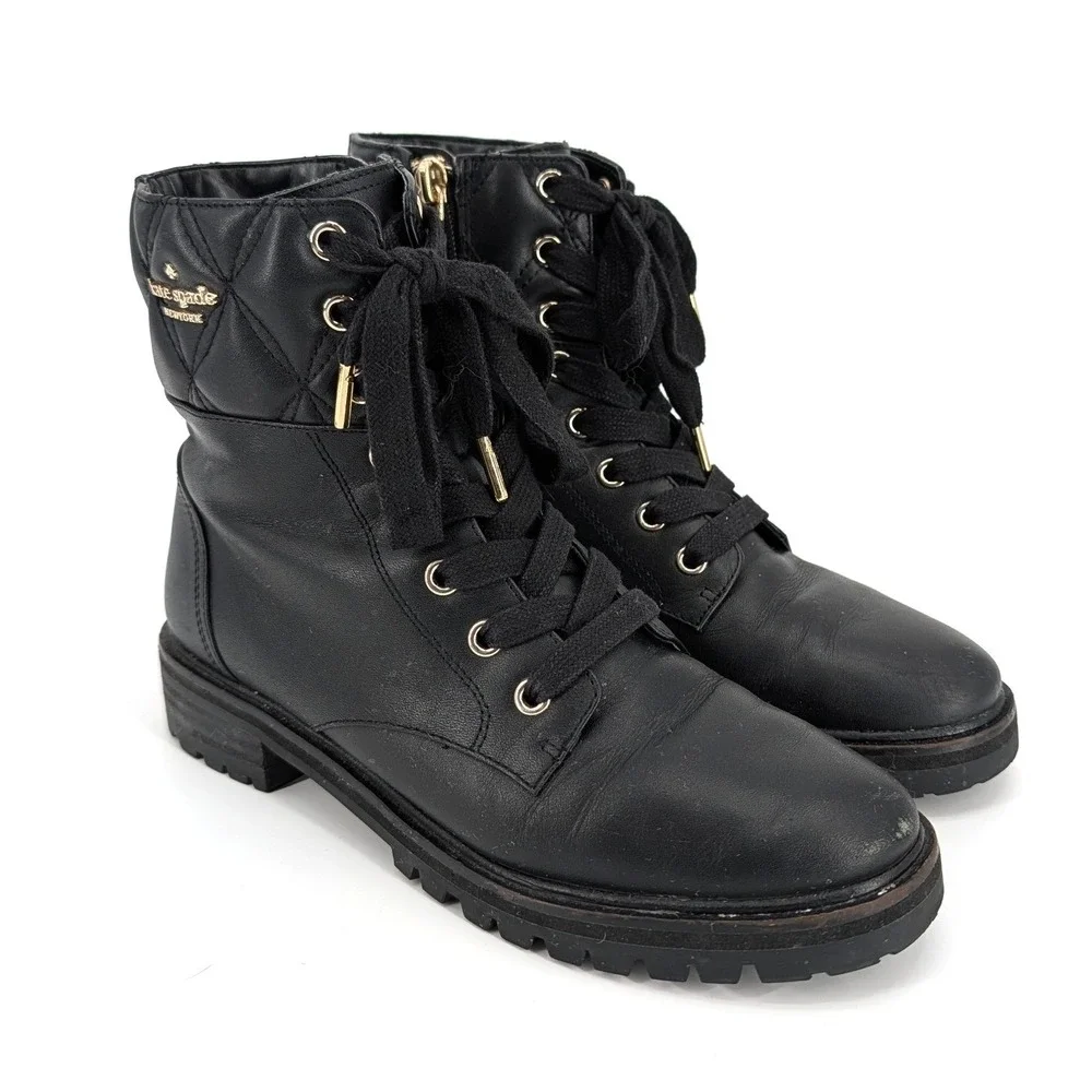 Kate Spade‎ Billie Quilted Leather Combat Boots Black Lug Sole Size 6B